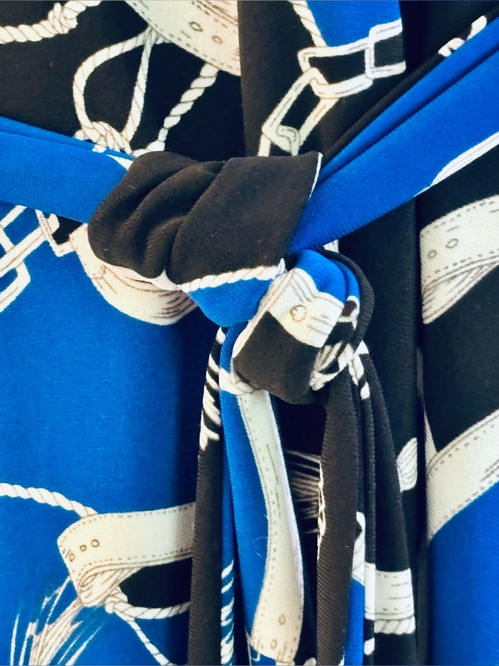 Lauren Ralph Lauren Dress Black Blue White Chain-Print Wrap Midi tie belt sz 16 - Picture 6 of 9